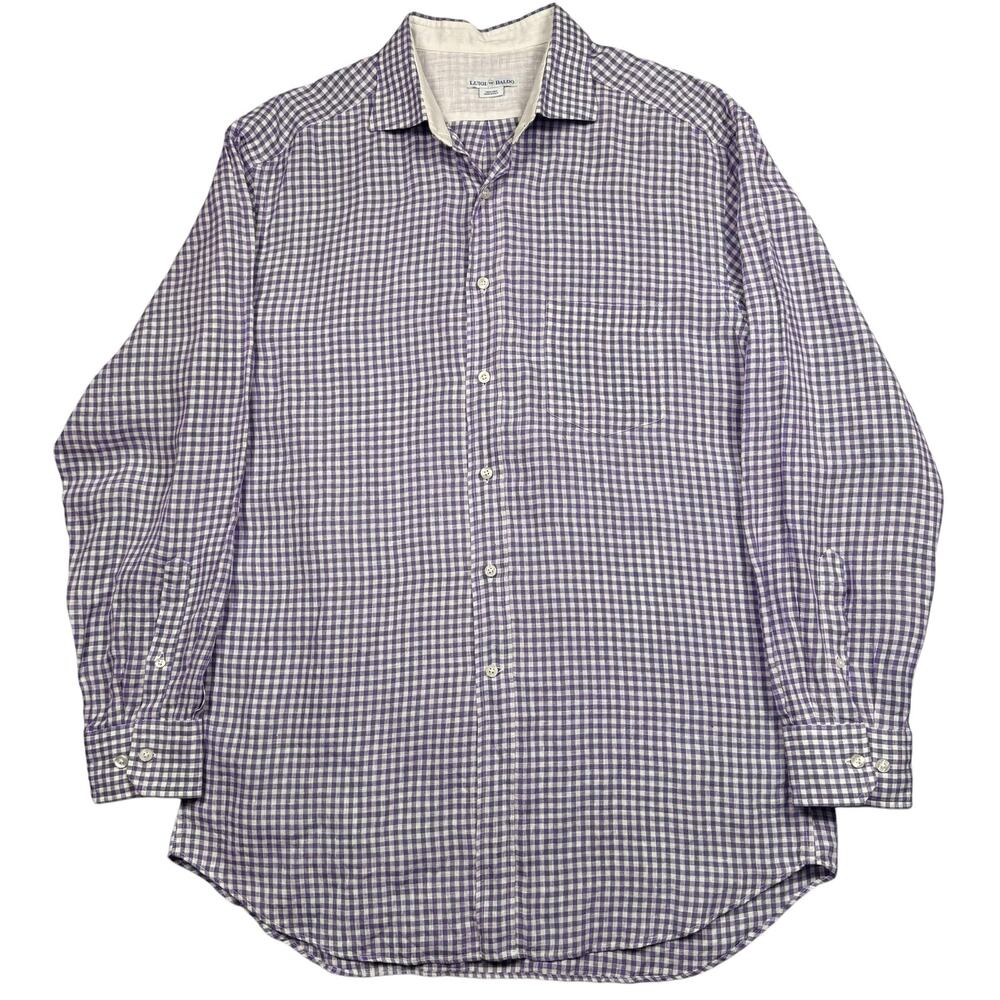 Linen Shirt Men's XLT Vintage Luigi Baldo Long Sleeve Purple Checkered‎ Plaid